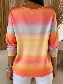 Plus Size Tie-Dye V-Neck Long Sleeve T-Shirt, Vintage Rainbow Gradient Top - Orange - View 2
