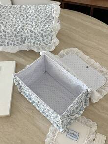 Large Capacity Lace Trim Home Storage Basket With Handle, Foldable Floral And Star Print Sundries Storage Bucket, Cosmetic Organizer, Suitable For Travel/School - Baby Blue - View 8