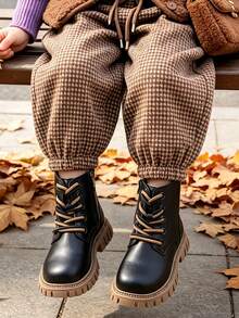 1 Pair Kids Classic Round Toe Side Zipper Boots With Contrast Color Shoelace Decor, Suitable For Holiday Outings, School Commute, All Seasons - Black - View 1