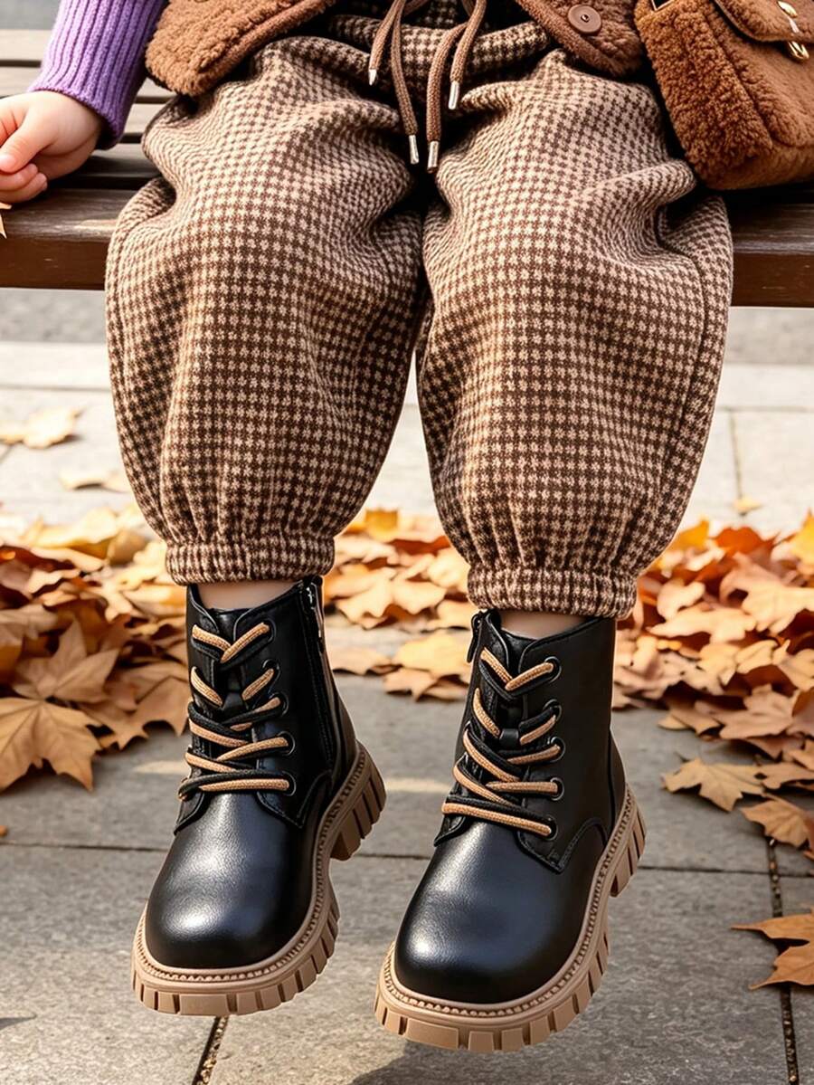 1 Pair Kids Classic Round Toe Side Zipper Boots With Contrast Color Shoelace Decor, Suitable For Holiday Outings, School Commute, All Seasons - Black - View 1