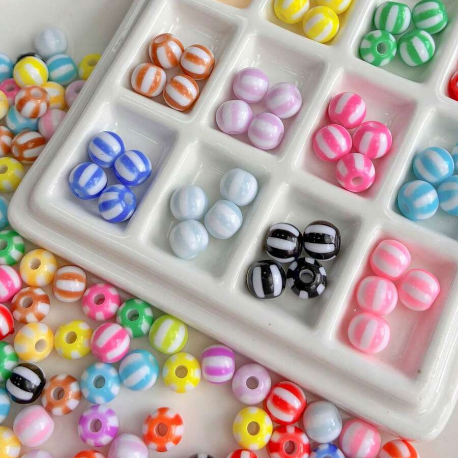 60pcs 8mm Multicolor Two‑Tone Striped Round Acrylic Stringing Beads, Color Block Loose Beads For DIY Bracelet, Keychain, Phone Charm Handmade Jewelry Supplies - Multicolor - View 1