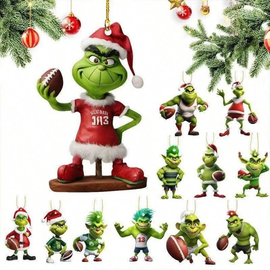The Grinch The 11Pcs/Set Football‑Themed 2D Flat Christmas Tree Hanging Ornament, Perfect For Xmas Tree Decor And Holiday Party Layout, And Ideal As Car Rear‑View Mirror Pendant And Festival Gift. - Multicolor - View 1