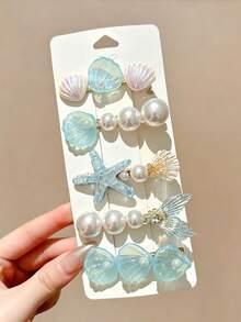 5pcs Women's Blue Starfish Shell Mermaid Tail Side Clips Ocean Vacation Hair Clips Alligator Hair Clips Mermaid Princess Iridescent Pearl Romantic Side Clips Suitable For Daily Use - Blue - View 1