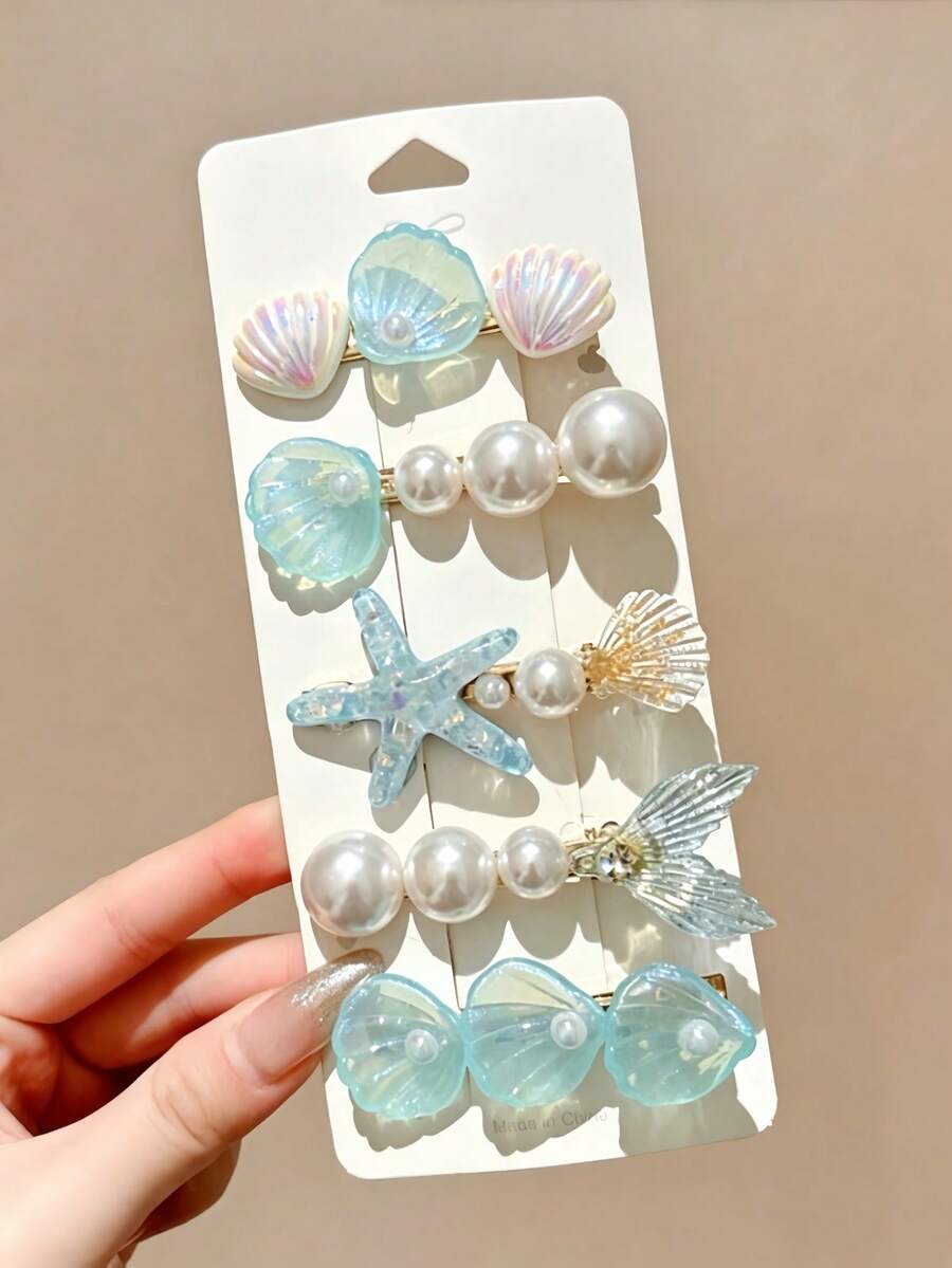 5pcs Women's Blue Starfish Shell Mermaid Tail Side Clips Ocean Vacation Hair Clips Alligator Hair Clips Mermaid Princess Iridescent Pearl Romantic Side Clips Suitable For Daily Use - Blue - View 1