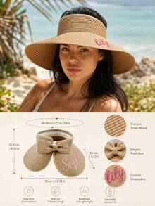 Personalized Custom Name Sun Visor Hat, Bow‑Decorated Summer Cap, Stylish Beach Vacation Accessory & Gift. - Multicolor - View 6