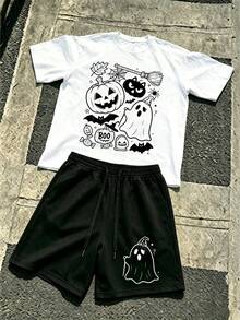 Conjunto de dos piezas para hombre: playera de cuello redondo + shorts, con estampado gráfico de Halloween popular, ideal para looks casuales urbanos de estilo streetwear en verano. - Top blanco + pantalones cortos negros - Ver 1