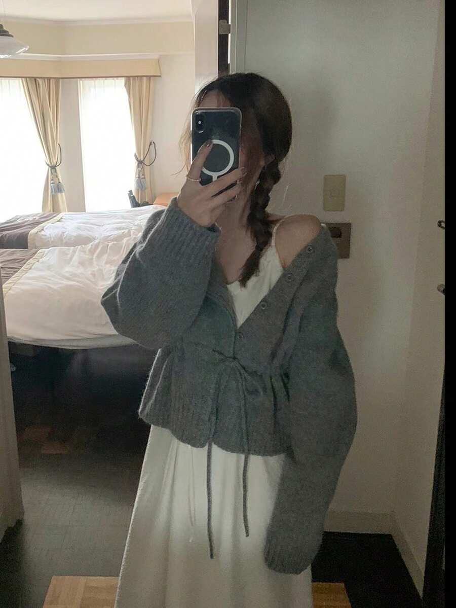 Women's Solid Color Round Neck Single-Breasted Waist Tie Versatile Minimalist Knit Cardigan - Dark Grey - View 1