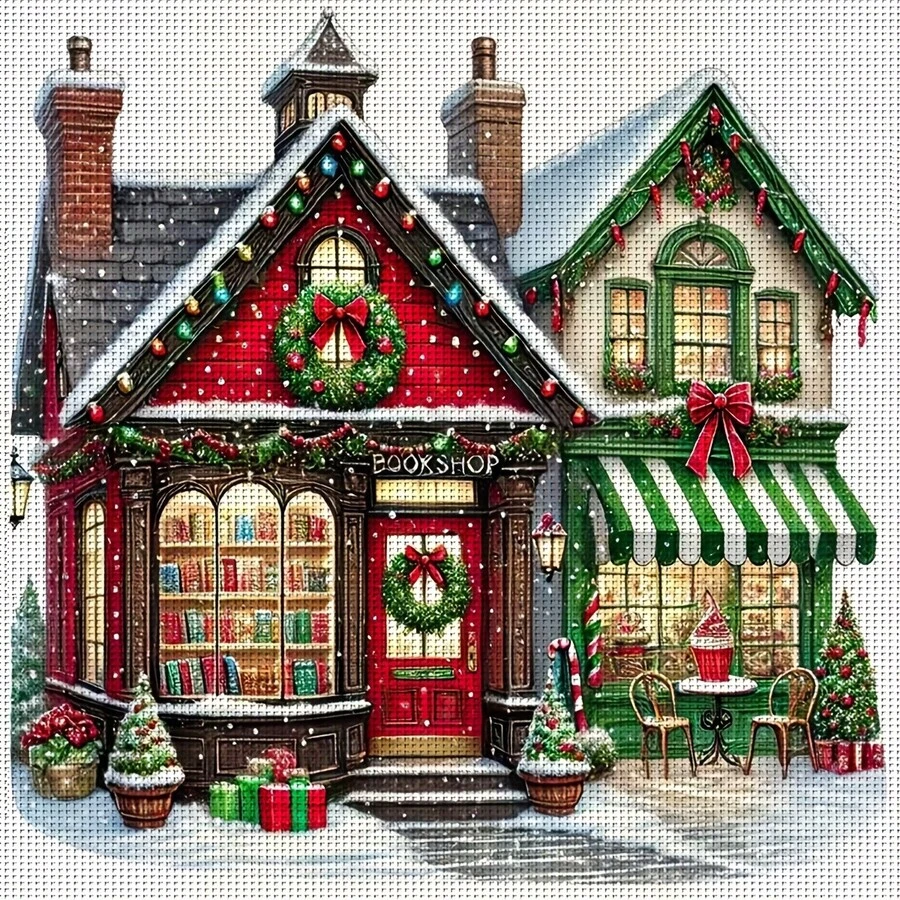 Christmas Decorations 1 Set 36*36cm/14.17*14.17inch Christmas Bookshop Lane Semi-Finished Cross Stitch Kit, DIY Needlework Materials, 11CT Printed Cross Stitch Decor Painting, Creative Handmade Gift, Full Home Decor Craft Set, Frame Not Included