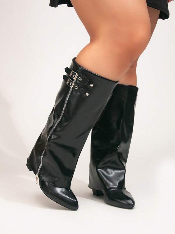 Plus Size Women's Wide Leg Tall Boots With Metal Zipper Buckle Decor, Chunky Heel And Pointed Toe