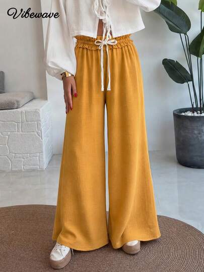 VIBEWAVE Mustard Yellow Floral Bud Waist Tie Textured Wide Leg Pants Women Summer Relaxed Vacation Beach Casual Commute Lightweight Draping Long Pants