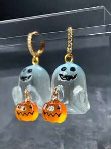 QTHOPE 1 đôi bông tai Halloween hình ma và bí ngô đính đá rhinestone - Ma - Xem 4