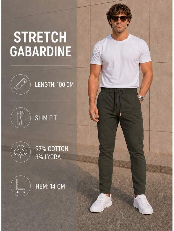 Men Stretch Gabardine Slim Fit Pants – 97% Cotton 3% Lycra, Elastic Waist Drawstring Casual Trousers