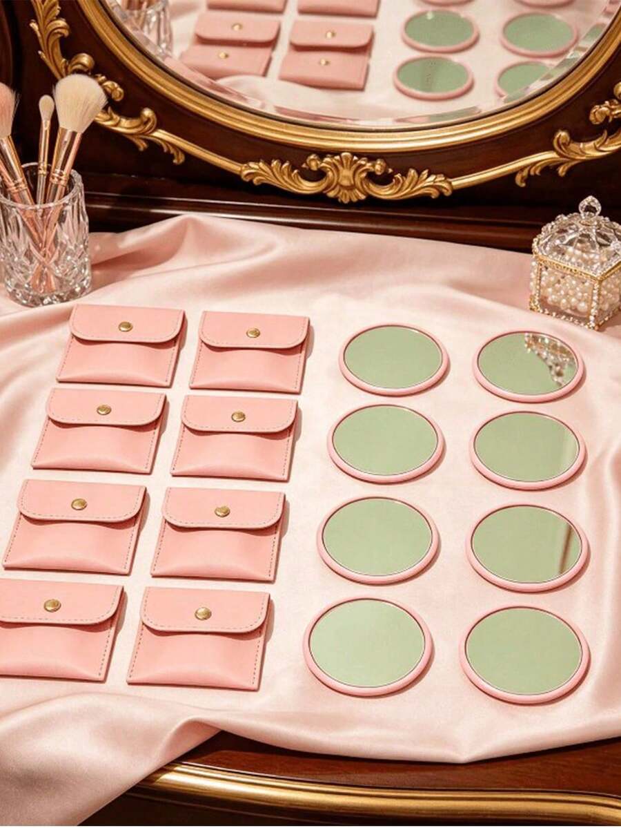 1/5/10/20/50set, Pink Round Makeup Mirror And Microfiber Makeup Bag, Pink Glass Mirror With Exquisite Matching Bag, Suitable For Travel, Home Decor, Holiday Gift - Multicolor - View 1