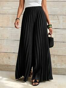 Spring Fall Women Solid Pleated Wide Leg Trousers, Elastic Waist Loose Fit Full‑Length Casual Pants For Daily Outfits Black - Black - View 4
