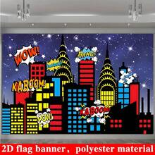 2D Flat 1pc Superhero City Backdrop Boy Birthday Banner Urban Night Sky Glitter Starry Prosperous City Building Background Explosion Skyscraper Portrait Photo Studio Props - 1 - View 4