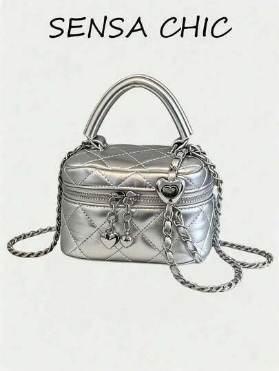 Metallic Silver Quilted Mini Box Crossbody Bag, Heart Charm Decor PU Top‑Handle Purse Detachable Chain Strap Small Shoulder Bag For Party Date Night D