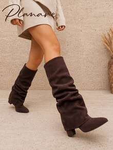 planare Women's Fashion Elegant Slip-On Pointed Toe Stiletto High Heel Ruched Shaft Boots, Loose Western Style Slim Straight Leg Black Tall Boots - Brown - View 4