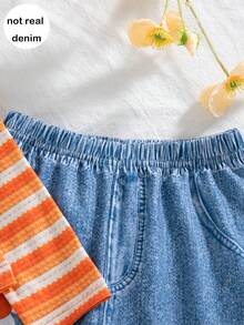 Girls' Casual Fashion Pineapple Plaid Striped 3D Floral Round Neck Long Sleeve Top And Floral Embroidered Straight Leg Pants 2-Piece Set, Spring/Autumn - Orange - View 7
