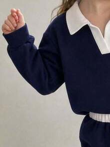 Tween Girl Cartoon Heart Print V-Neck Long Sleeve Warm Sweatshirt And Pants - Royal Blue - View 5
