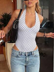 Women's Summer Sports Y2K Sexy Hot Girl Deep U-Neck Halter Backless Bodysuit - White Background With Black Waves - View 8