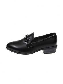 Rhinestone Chain Low Heel Loafers, Black Chunky Heel British Style Leather Shoes, Fashion Casual Office Wear, Student Commute Slip-On Rhinestone Loafers - Black - View 3