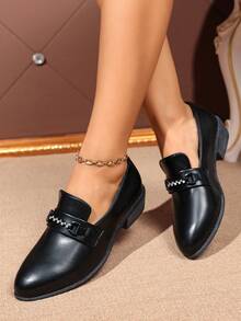 Rhinestone Chain Low Heel Loafers, Black Chunky Heel British Style Leather Shoes, Fashion Casual Office Wear, Student Commute Slip-On Rhinestone Loafers - Black - View 5