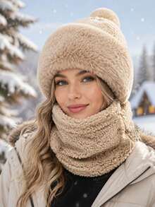 1pc Women's Plush Hat With Scarf, Windproof Warm Hat, Outdoor Winter Accessory, Winter Outfit, Valentine's Day Gift, Comfortable Winter Accessory Gift - Multicolor - View 7