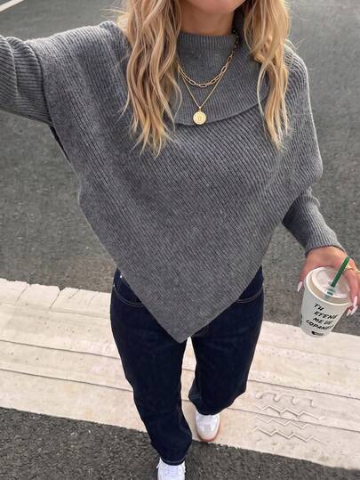 Damen grauer diagonal gerippter asymmetrischer Kragen asymmetrischer Saum lockerer Strickpullover, Avantgarde Design Stricktop, geeignet für Streetstyle Mode Party