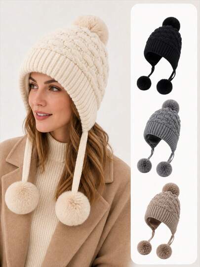 Slouchy Pom Pom Knitted Hat Women Autumn Winter Warm Ear Protection Woolen Hat Cold-Proof Thermal Lined Ushanka