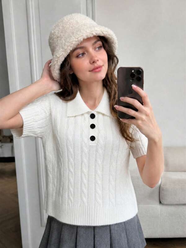Wixra Women's Vintage Cable Textured Knit Shirt, Lapel Polo Neck 3 Buttons Half Placket Short Sleeve Loose Knit Pullover