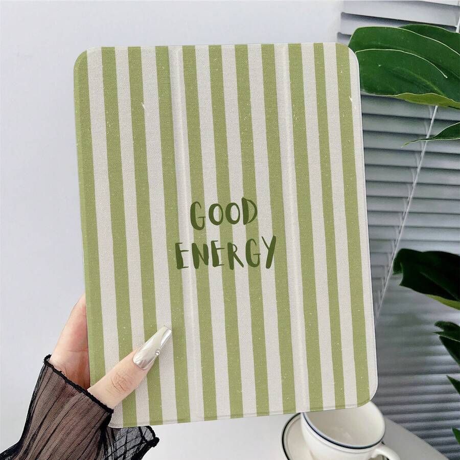 1件裝綠色米色直條紋 Good Energy 字母印花平板保護殼,附筆槽,多角度磁吸支架,支援自動休眠/喚醒,適用於 iPad PRO/AIR、、小米 Pad 5/6/7、華為 Matepad - 彩色 - 查看 1