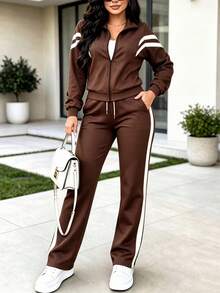 Spring Autumn Winter Women's New Fashion Colorblock Long Sleeve Top Jacket + High Waist Casual Versatile Straight Leg Pants Set, 2 Pieces Outfit - Dark Brown - View 1