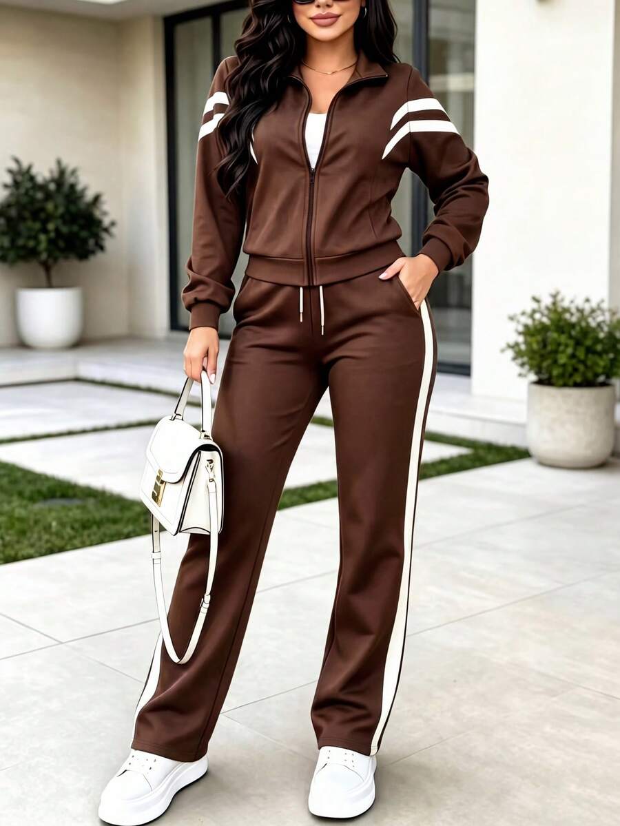 Spring Autumn Winter Women's New Fashion Colorblock Long Sleeve Top Jacket + High Waist Casual Versatile Straight Leg Pants Set, 2 Pieces Outfit - Dark Brown - View 1
