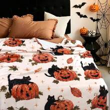 1pc Halloween Black Cat Jack Pumpkin Print Blanket, Autumn Maple Leaf Plush Throw Blanket, Living Room Holiday Decor Shawl Blanket - Multicolor - View 4