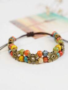 1pc Flower Ceramic Bracelet, Non-Fading, Women's High-End Adjustable New Chinese Style Hand Rope Accessory - Multicolor - View 4