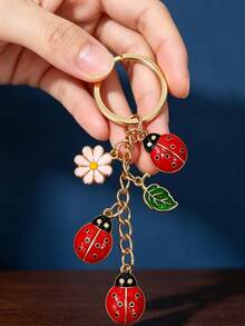 1Pc Gold‑Toned Metal Craft Keychain, Exquisite Vibrant Enamel Ladybug Floral Leaf Pendant Bag Charm, Stylish Decorative Practical Gift - Multicolor - View 3
