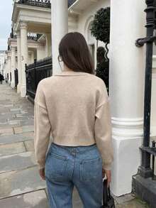 Gold Button Soft Ribbed Knit Short Cardigan, Long Sleeve Round Neck, Apricot, Women's Elegant Casual Autumn/Winter Layering Top - Apricot - View 6