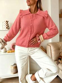 Women's Autumn/Winter Vintage Large Lapel Ruffle Knit Cardigan, Girlish Frill Collar Knit Cardigan Fall - Watermelon Pink - View 5