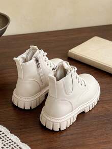1 Pair Kids Classic Lace-Up Boots With Side Zipper For Easy On/Off, Leather Boots Suitable For Daily Wear, Casual Outings, School Commute, Autumn/Winter - Beige - View 9