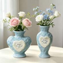 1pc Light Blue Heart-Shaped Ceramic Vase Set, Embossed Heart-Shaped Text Decor Vase, Modern Farmhouse Style Home Living Room Tabletop Centerpiece - Multicolor - View 1