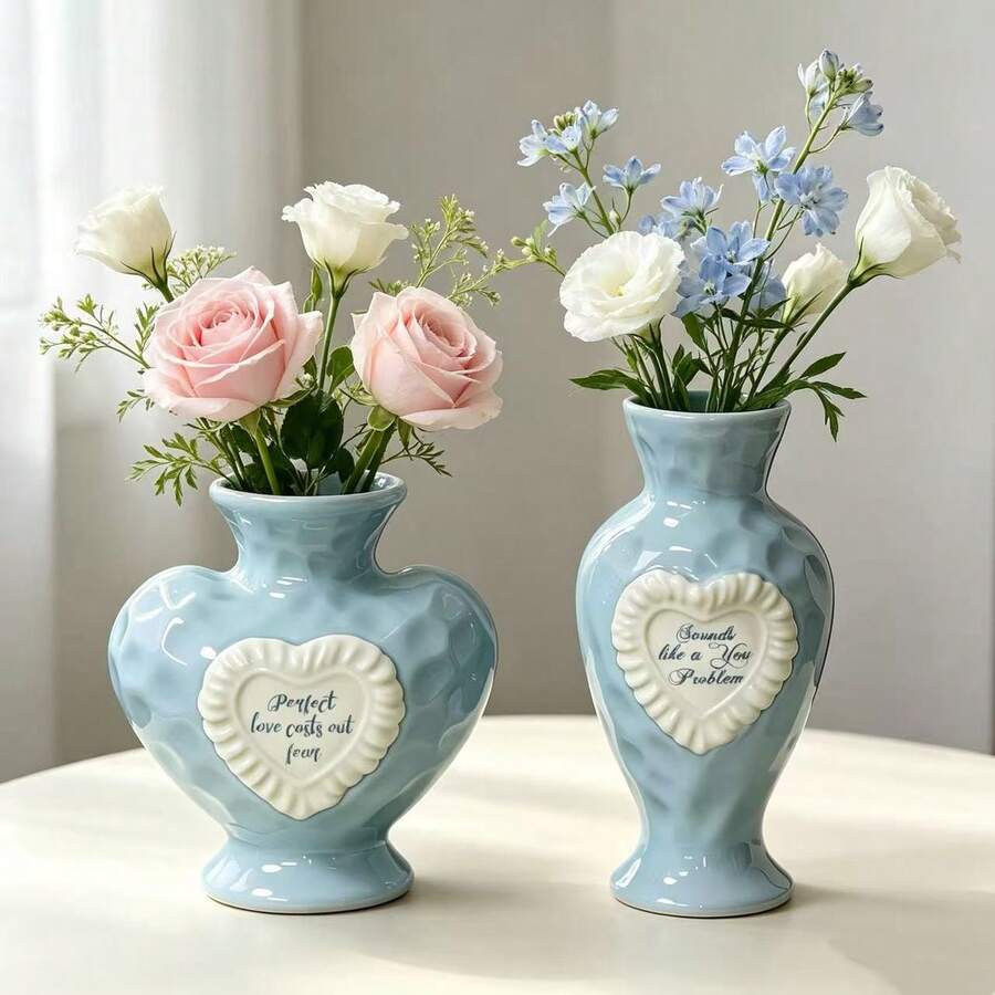 1pc Light Blue Heart-Shaped Ceramic Vase Set, Embossed Heart-Shaped Text Decor Vase, Modern Farmhouse Style Home Living Room Tabletop Centerpiece - Multicolor - View 1