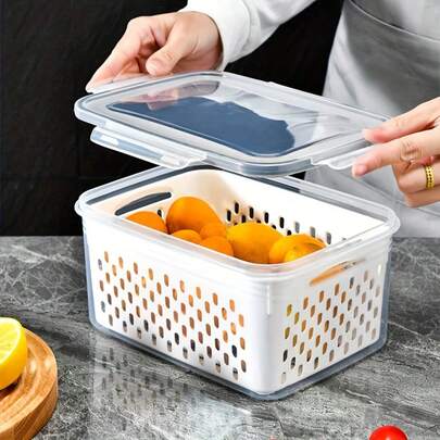 6pcs Plastic Food Storage Containers With Lids, Multi-Functional Airtight Fresh-Keeping Boxes For Refrigerator, With Drain Basket Set, Suitable For Fruit, Vegetable And Kitchen Food Storage (3 Drain Baskets + 3 Fresh-Keeping Boxes)
