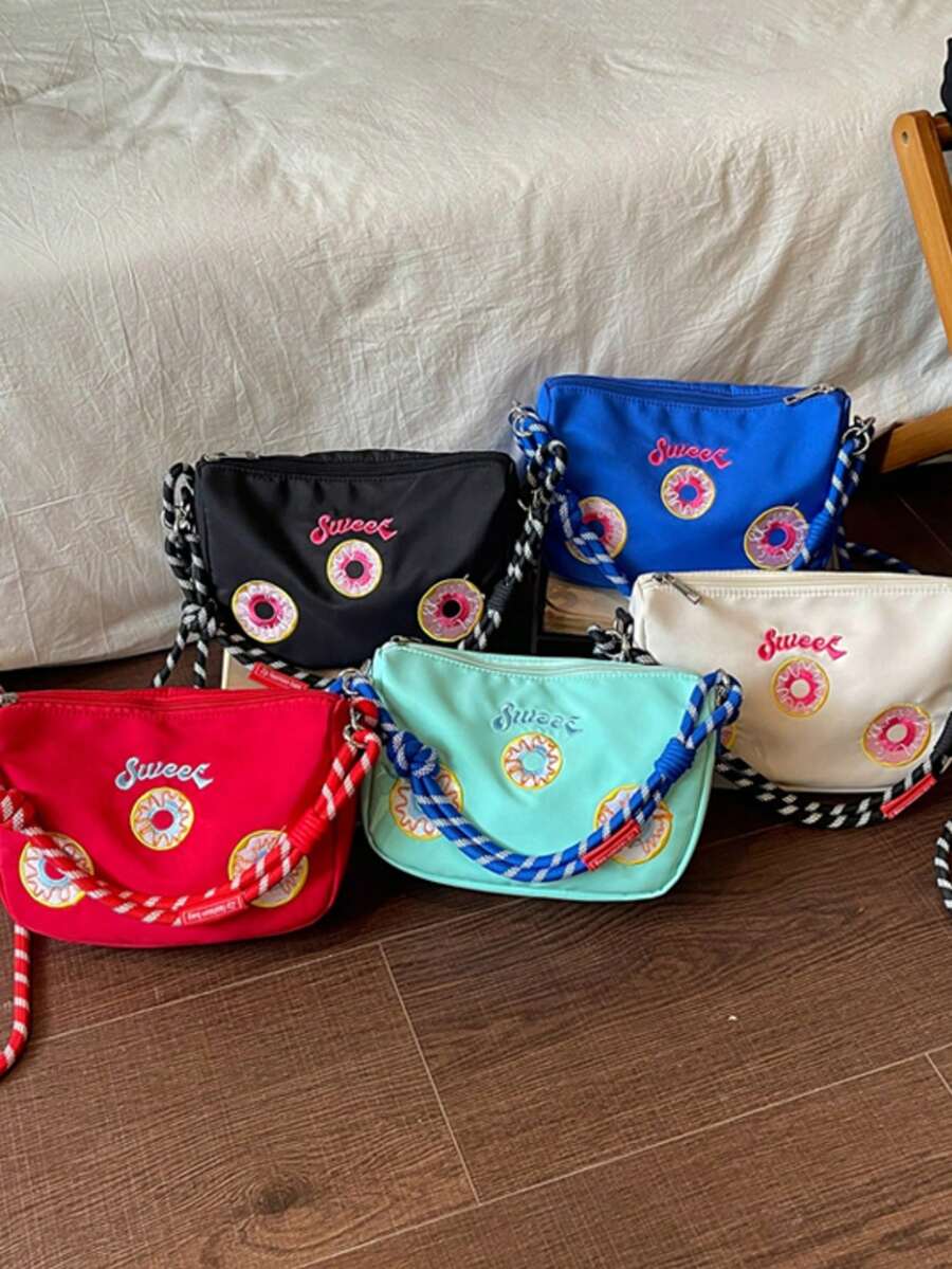 超級熱門可愛刺繡肩背斜挎帆布水桶包女款，時尚防水尼龍新款手提包手機包，女士手提包，甜甜圈設計，可拆卸肩帶，日系風格包，甜美女孩風，字母刺繡斜挎包，多色編織繩手提包，休閒旅行手機包
