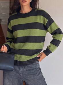 Teenage Girls Autumn/Winter Black & Green Wide Striped Crew Neck Sweater, Loose Casual Drop Shoulder Long Sleeve Knit Pullover - Green - View 5