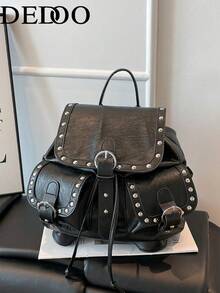 Dedoo Mochila con cordón de unicolor, decoración de remaches, bolsillos delanteros dobles, gran capacidad, bolsa escolar para estudiantes, estilo punk cool de campus - Negro - Ver 2