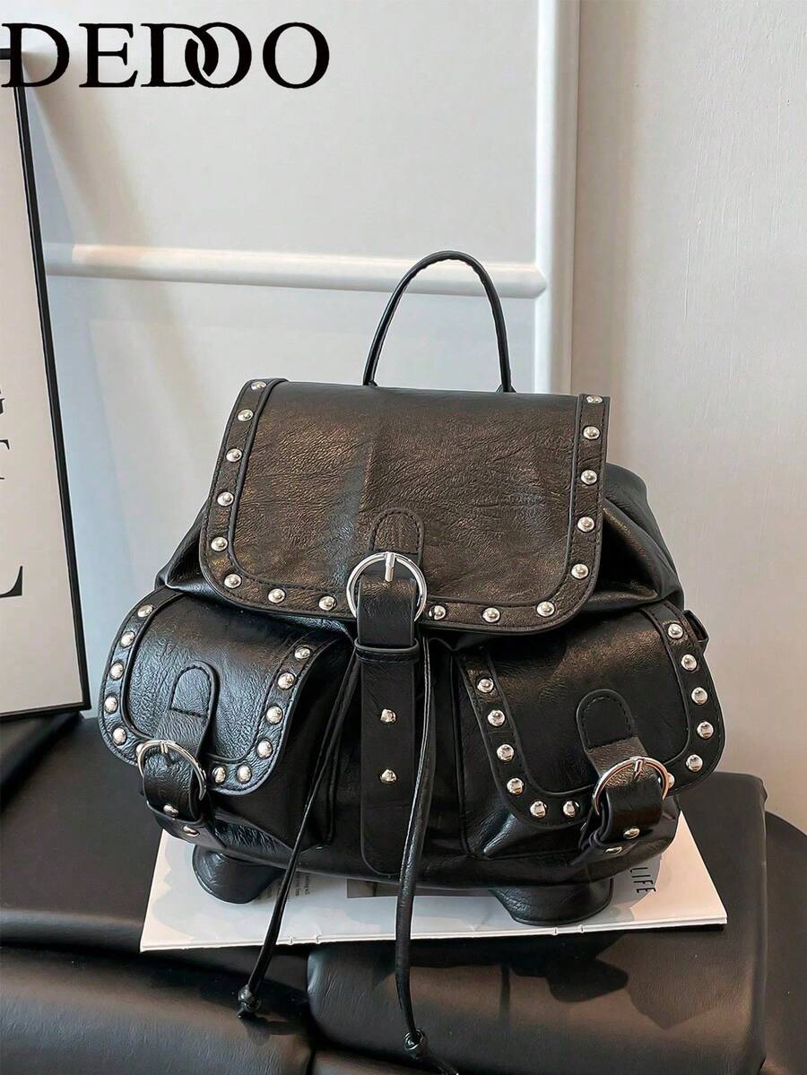 Dedoo Mochila con cordón de unicolor, decoración de remaches, bolsillos delanteros dobles, gran capacidad, bolsa escolar para estudiantes, estilo punk cool de campus