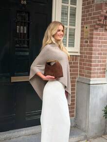 Oatmeal Asymmetric Knit Cape Shawl, Multi-Way Wear Design, Outer Layer, Commute & Vacation, High-End Elegant Elegant Shawl Top - Camel - View 2