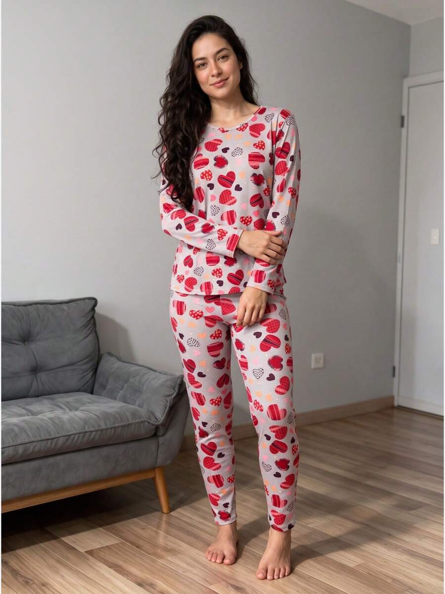Pijama Longo de Suede Macio Estampado Inverno Blusa Longa e Calça Feminino - coração - Visão 1