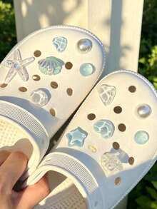 12pcs/Set Hiasan Sepatu Bentuk Bintang Laut Biru, Cangkang Laut, Lubang Laut, Aksesori Sepatu Dekoratif Berkilau yang Dapat Dilepas, DIY - View 7