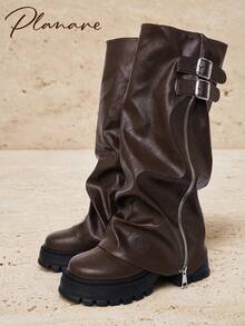 planare Women's Fashion Punk Style Double Buckle Slouch High Tube Boots, Ruched Leg Side Zipper Thick Sole Chunky Heel Motorcycle Rider Boots, Brown Long Boots - Brown - View 3